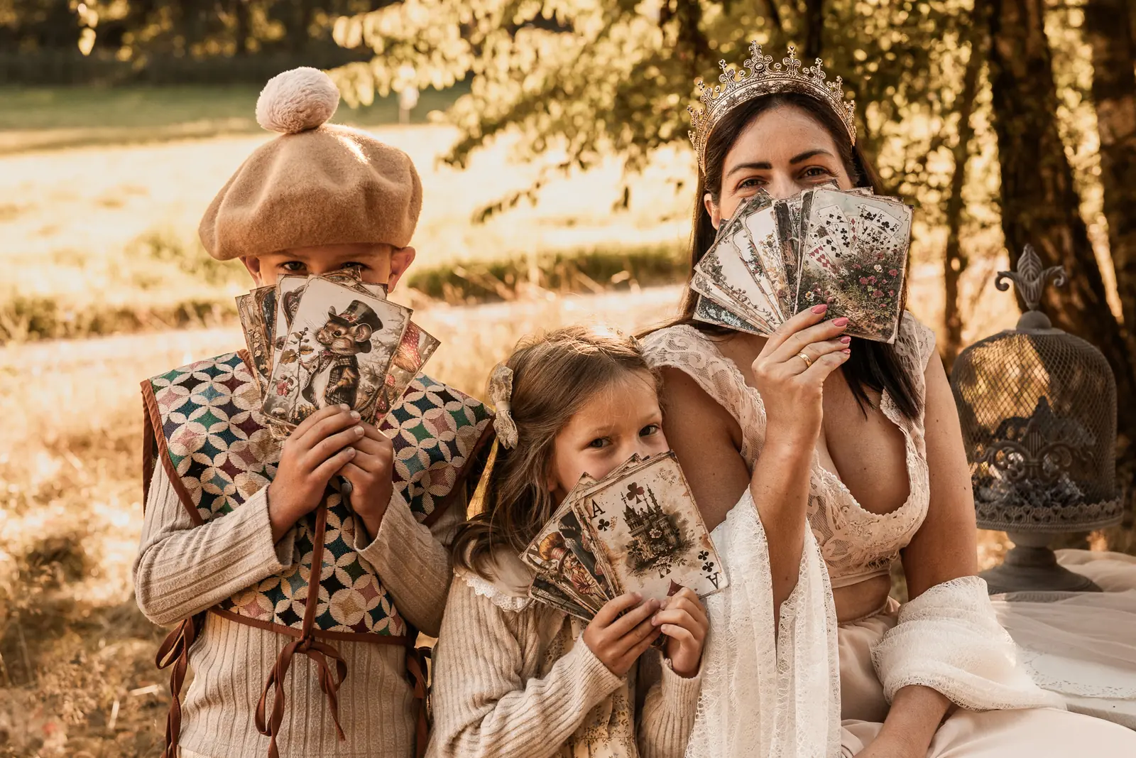 Mama z dziećmi bawią się dużymi kartami do gry podczas sesji w plenerze