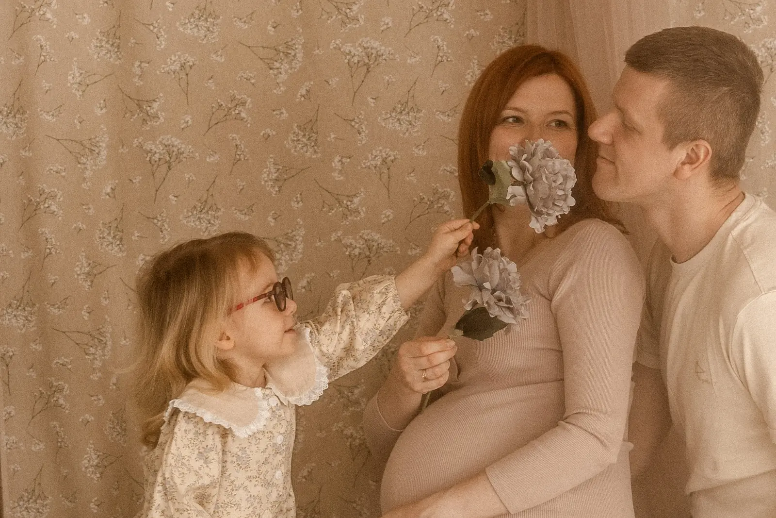 Wspólne zabawy przyszłych rodziców i ich starszej córki kwiatami podczas sesji brzuszkowej w studiu