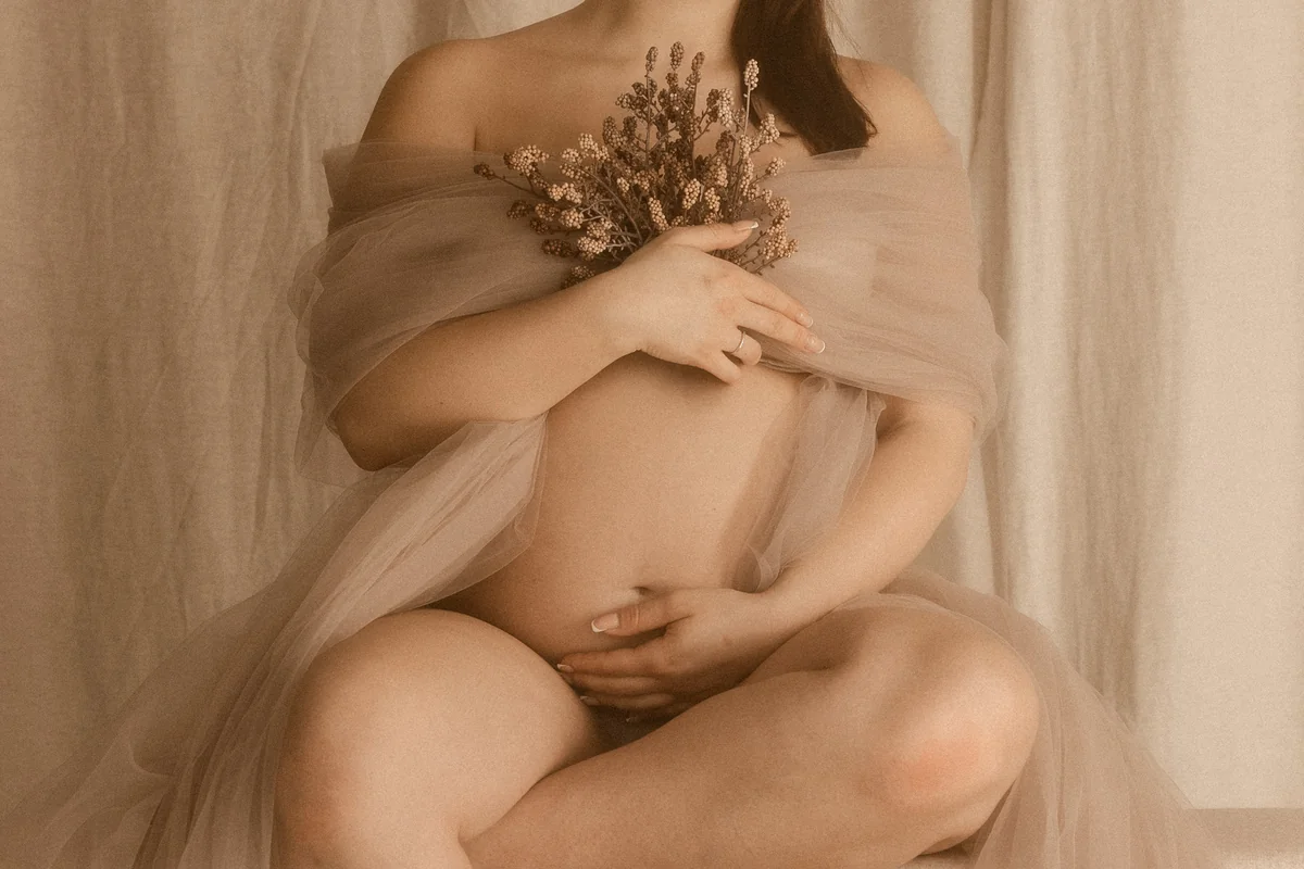 Minimalistyczna sesja ciążowa – kobieta z odkrytym brzuszkiem, okryta tiulem, trzymająca kwiaty