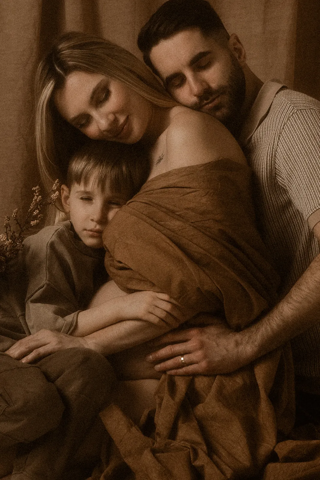 Rodzinny portret podczas sesji brzuszkowej w studiu. Tata i starszy syn przytulają się do przyszłej mamy. W tle minimalistyczne kompozycje.