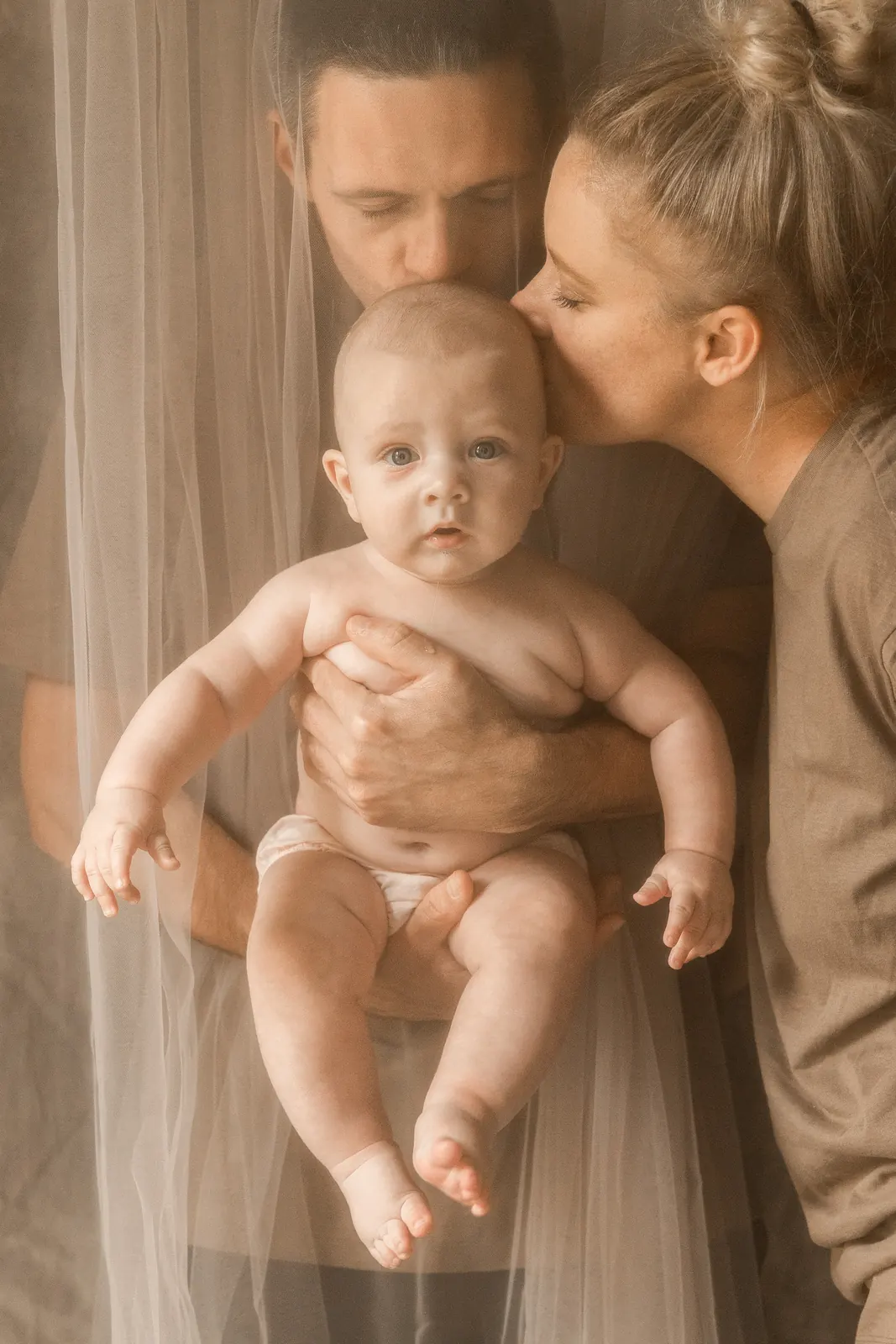 Tata trzymający niemowlaka na rękach, mama czule całuje główkę dziecka