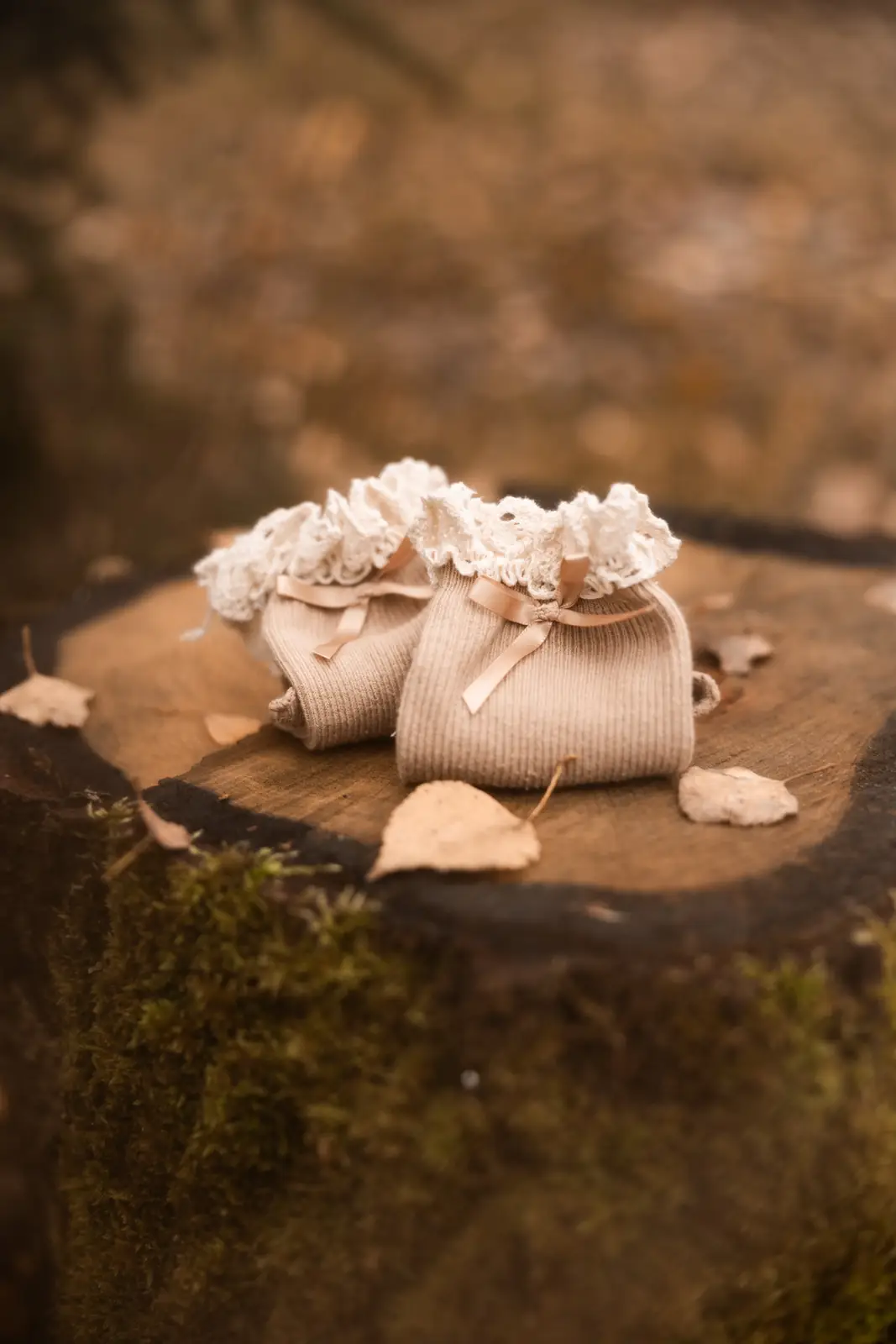 Ubranka na rodzinną sesję zdjęciową wyeksponowane w leśnej scenerii na pniu drzewa