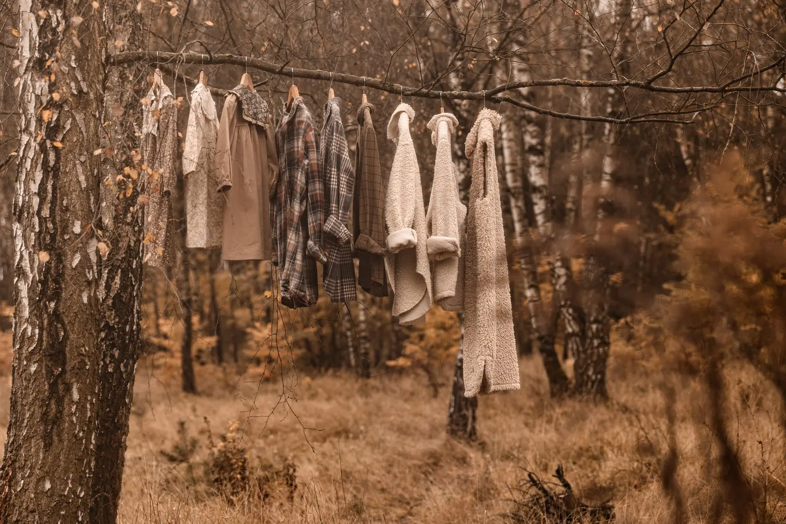 Garderoba na sesją zdjęciową powieszona na wieszakach zwisają na gałęzi drzewa w środku lasu