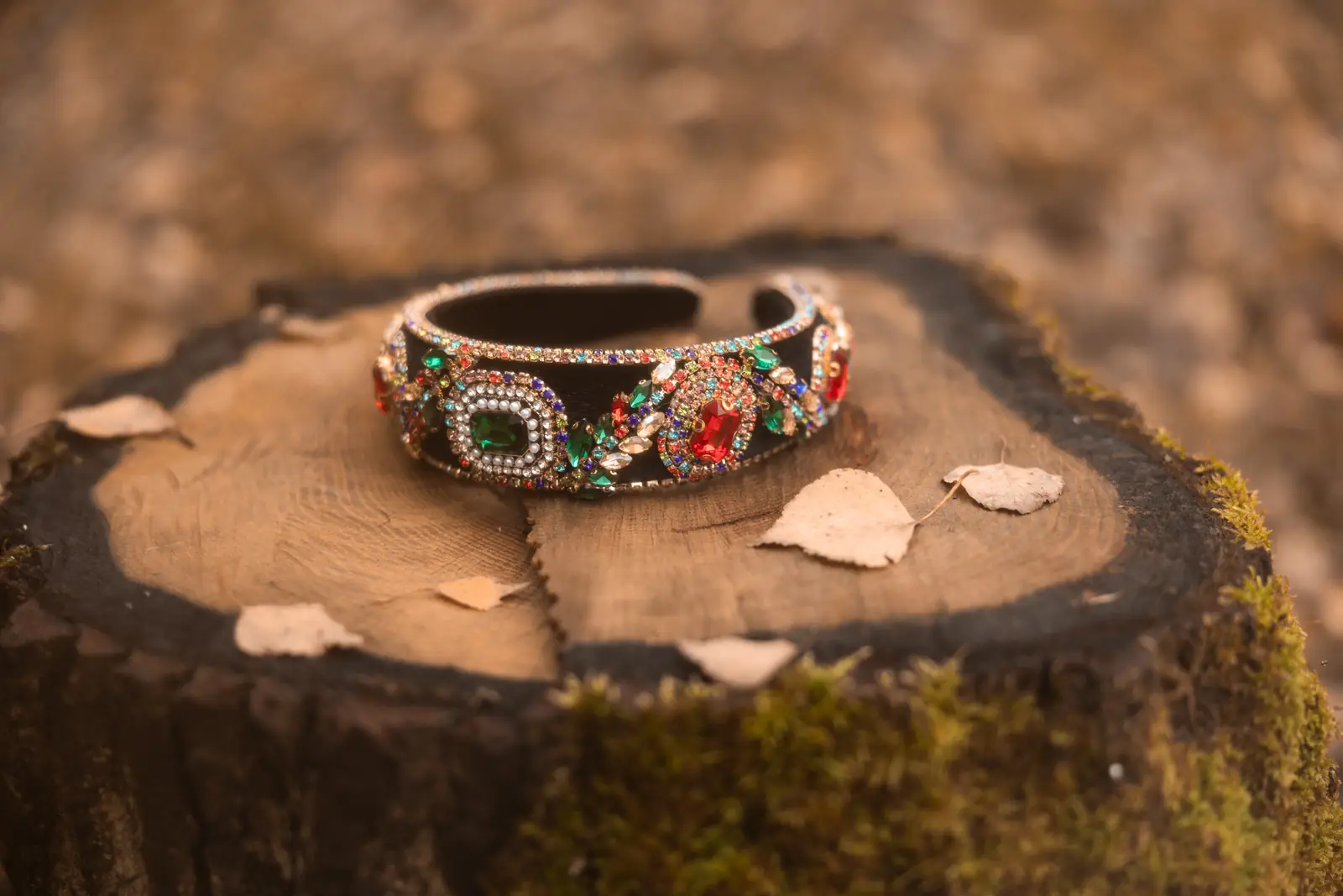 Ciemna opaska na głowę z cyrkoniami wyeksponowana w leśnej scenerii jako pomysł rekwizytu garderoby do sesji zdjęciowej